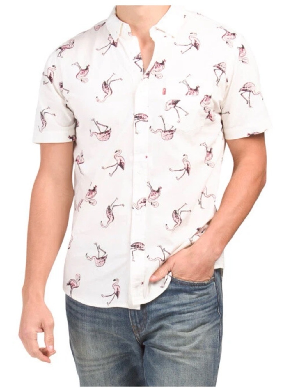 Levi's Men M Poplin Riverton Button Front Flamingo Short Sleeve Shirt